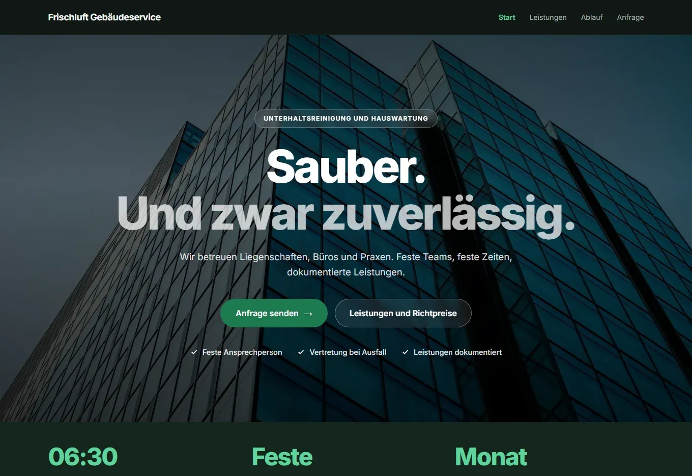 Startseite des Designkonzepts Frischluft Gebäudeservice