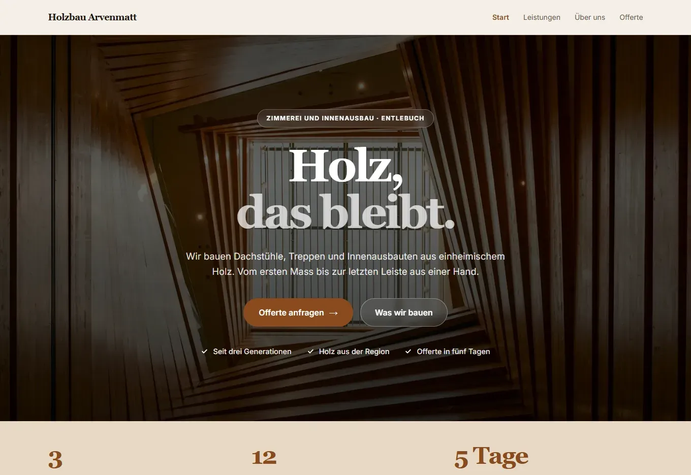 Startseite des Designkonzepts Holzbau Arvenmatt