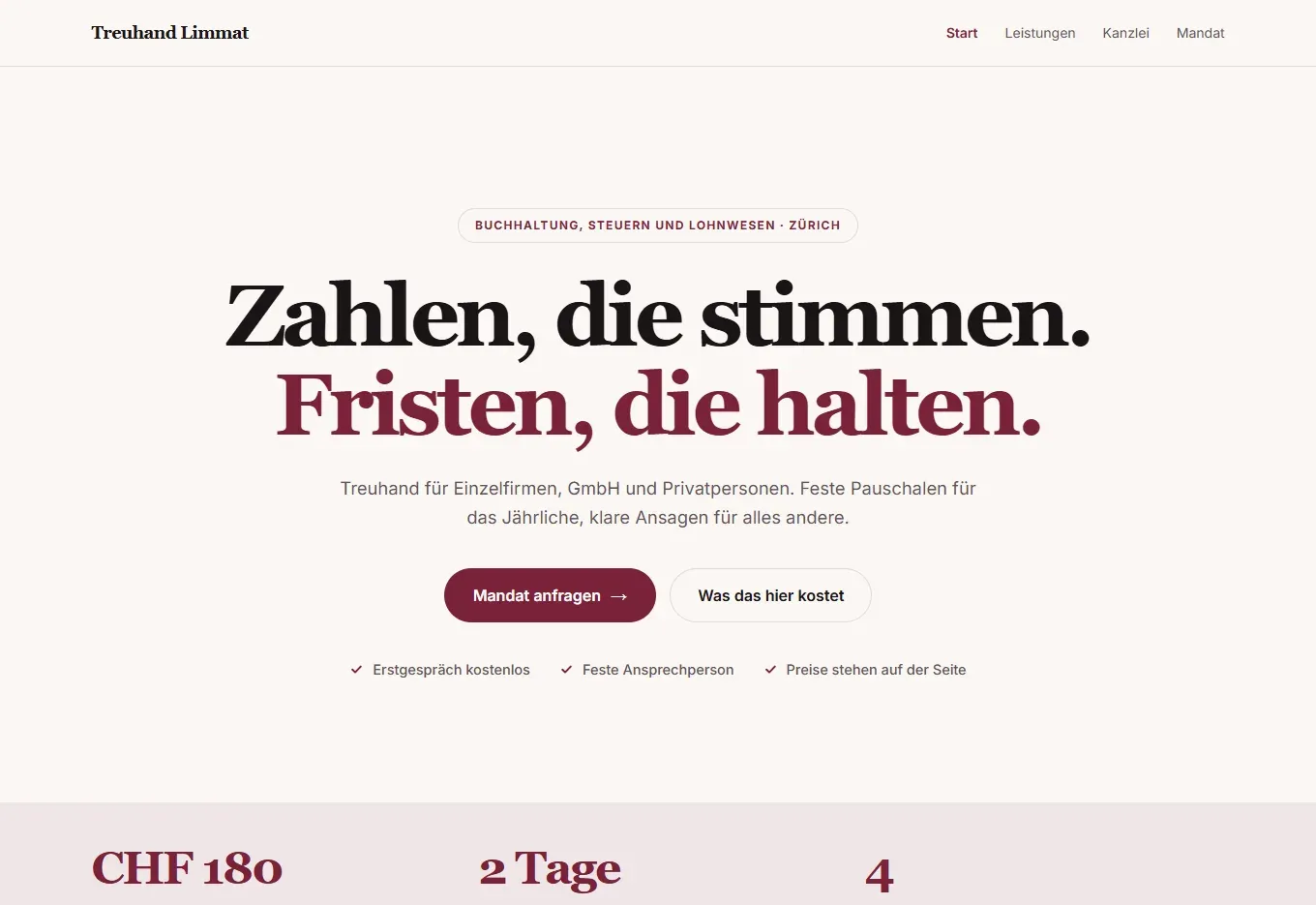 Startseite des Designkonzepts Treuhand Limmat